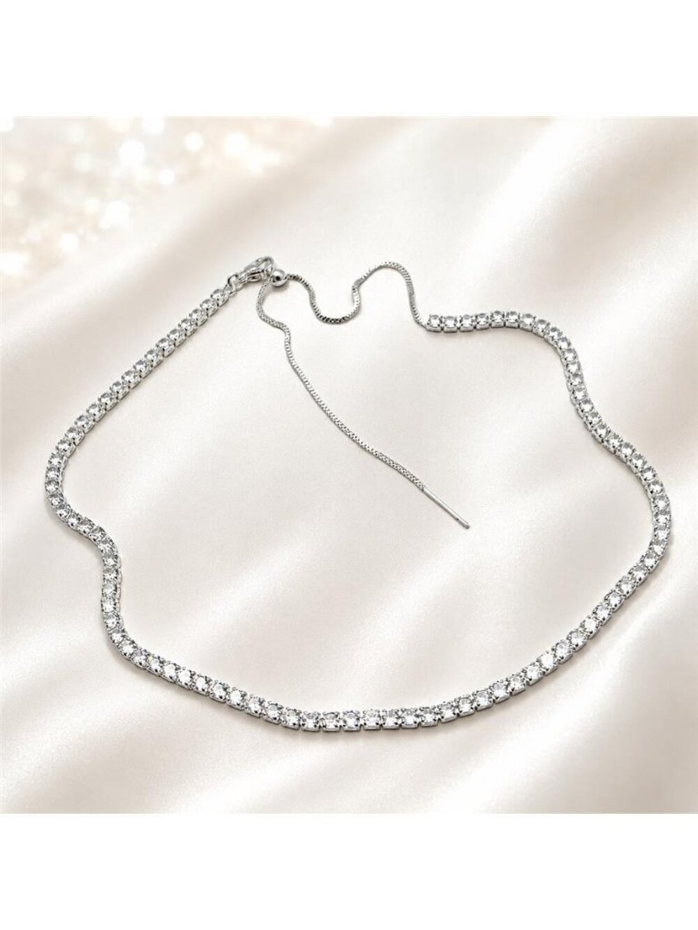 Silver Plated Clear CZ Tennis Necklace 19 In Adjustable Slider 3.1mm